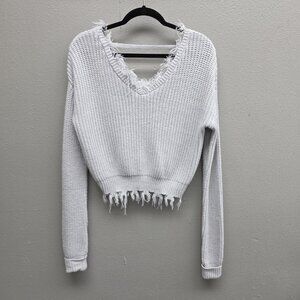 rue21 Sweater Womens XS Gray Distressed Frayed Hem V-Neck Cropped Chunky Knit